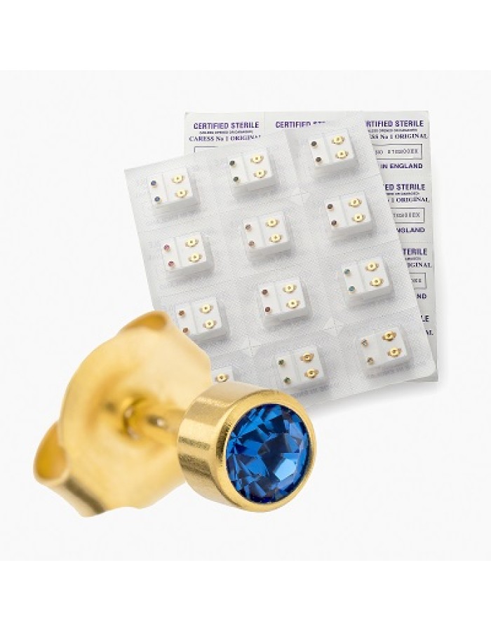Sapphire Blue & Gold Colour Sterile Stud Earrings - One Pair