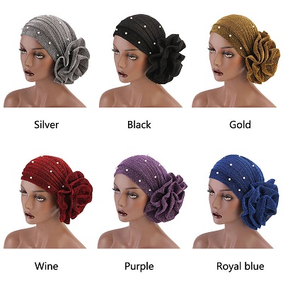 Flower Beaded Glitter Turban Women