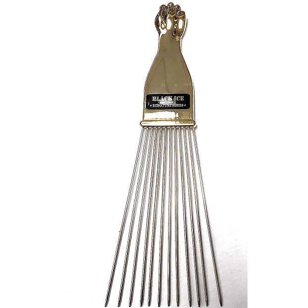 Black Ice Gold Handle Afro Metal Fancy Comb Long